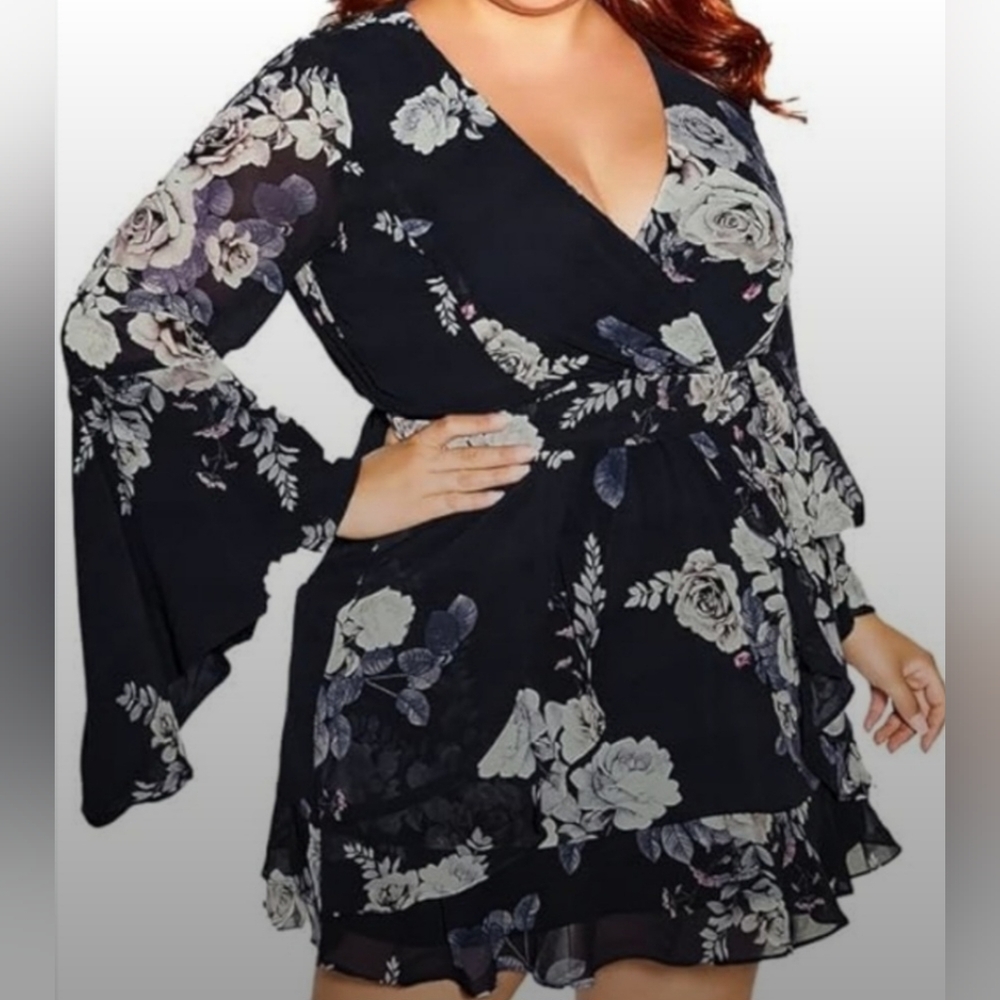 City Chic Black and White Floral Bell Sleeve Dress